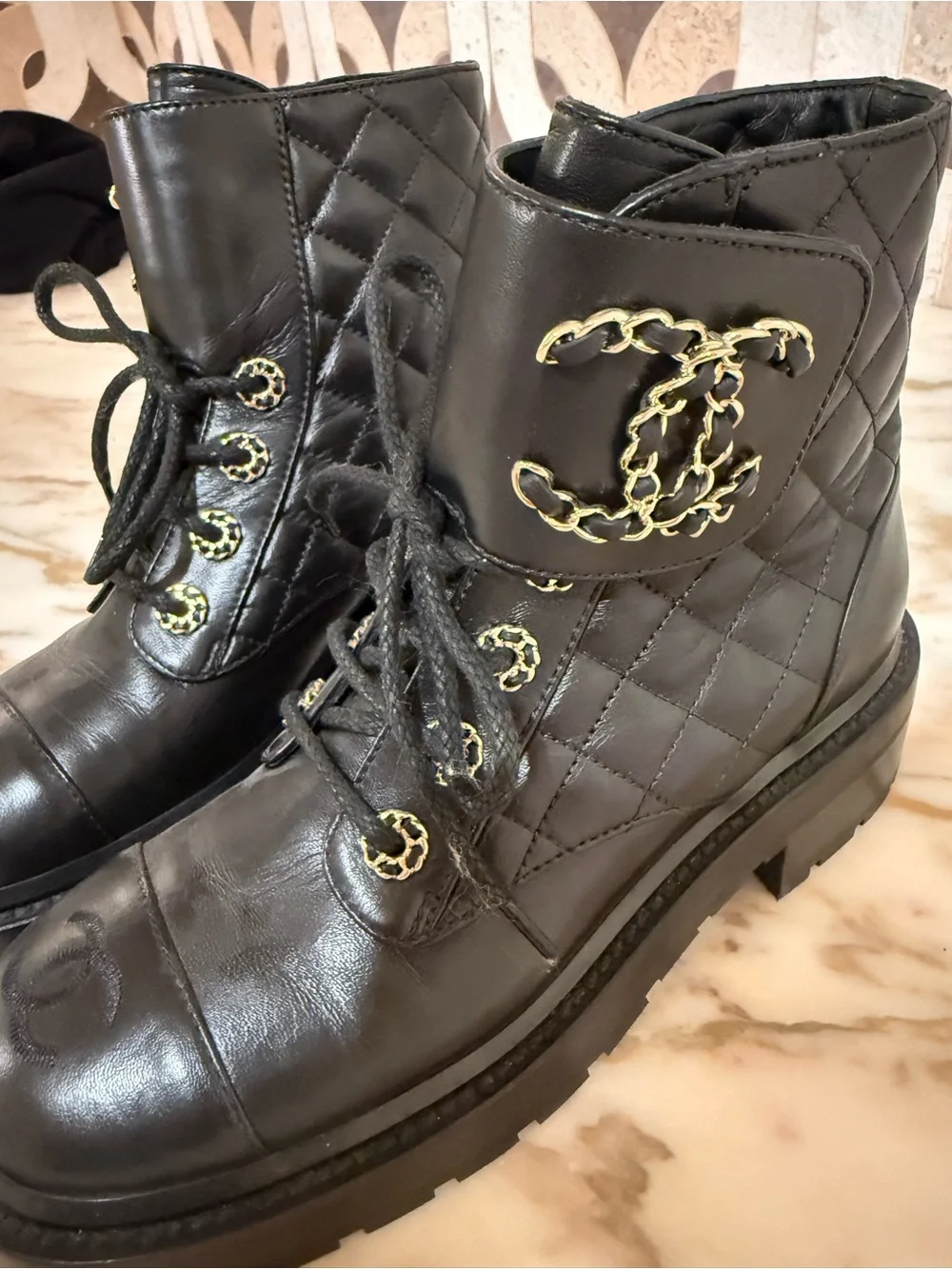 CHANEL Black Quilted Lace-Up Combat Boots size 6